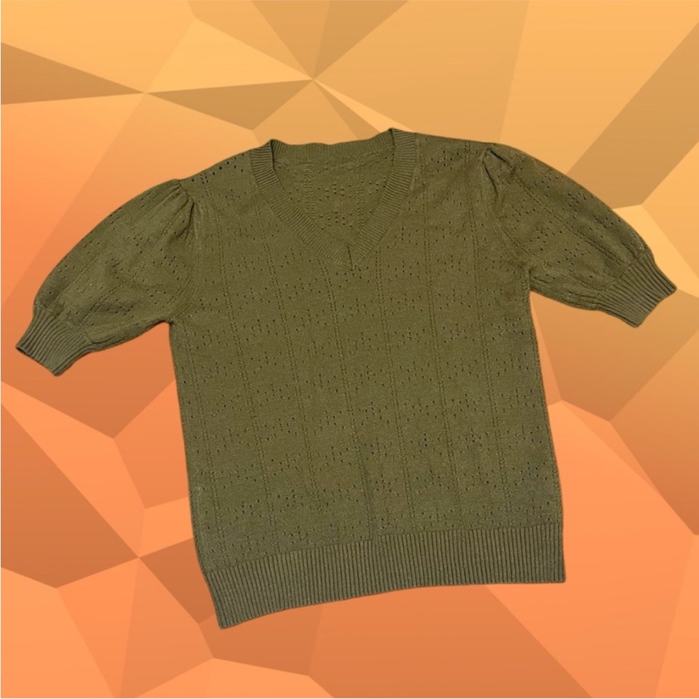 Pointelle Sweater Top V-Neck Short Sleeve Army Green Size: XL